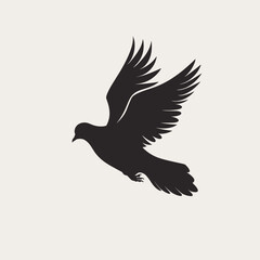 Obraz premium A black silhouette of a dove in flight with widespread wings against a light beige background.