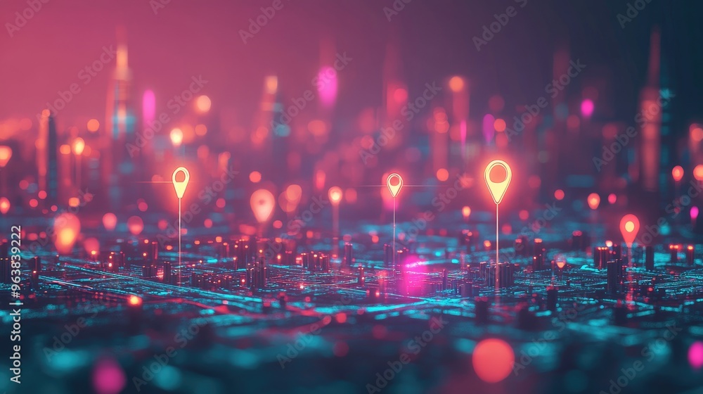 Poster a digital city with abstract location pins hovering above, showcasing the concept of navigation and 