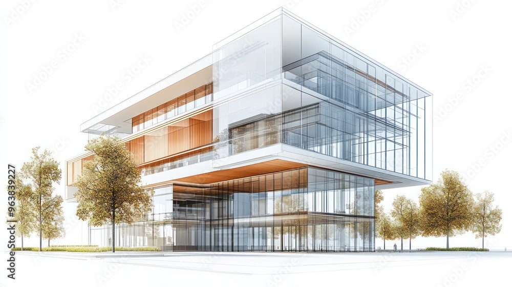 Aufkleber A large glass building with a wooden frame and trees in the background. The building has a modern and sleek design, with large windows that let in plenty of natural light