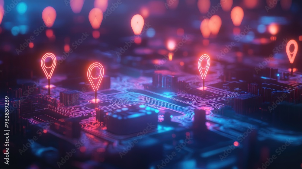 Aufkleber a digital city with abstract location pins hovering above, showcasing the concept of navigation and 