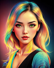 Fototapeta premium Light color young woman portrait. Stylized, vintage illustration in neon style. Gradient colors 