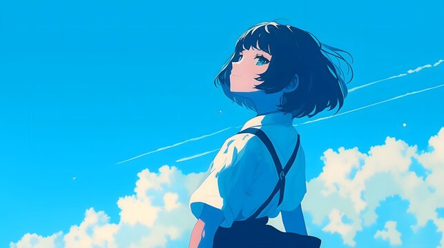 青空を見上げる短い黒髪の少女を描いた美しいアニメスタイルのイラストです。