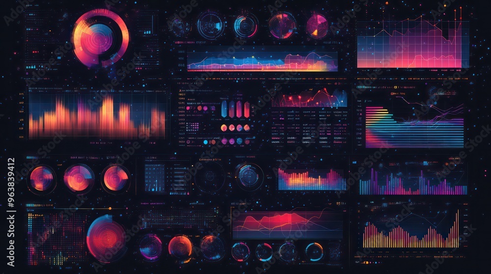Poster A colorful array of graphs and charts with a futuristic, technological vibe. The colors are vibrant and the overall mood is energetic and dynamic
