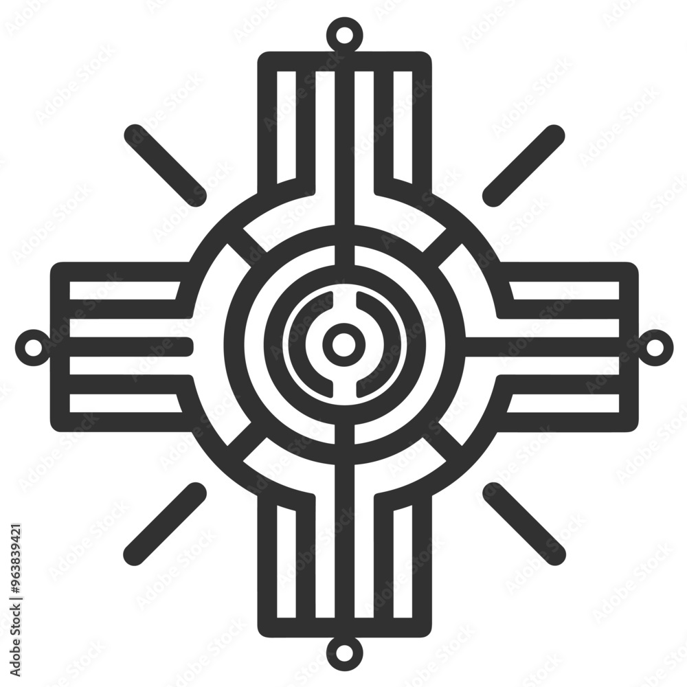 Poster modern minimalist black and white geometric cross design with concentric circles and lines.
