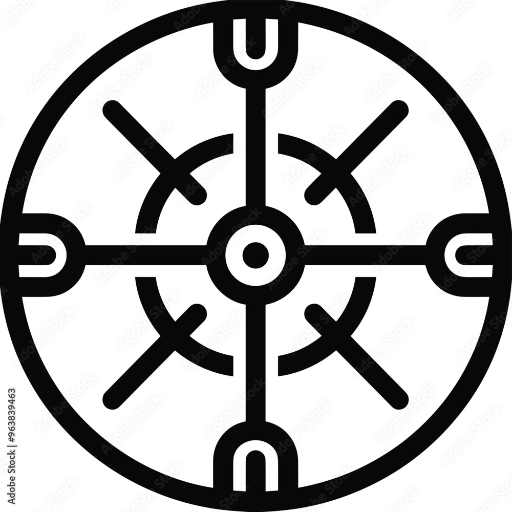 Poster a black and white abstract circular geometric design with intersecting lines and shapes.