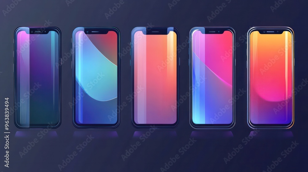 Poster a series of cell phones with different colored backgrounds. the phones are all lined up next to each