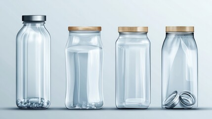 Four clear glass jars with lids, one of which is cracked. The jars are all different sizes and shapes, with one being taller and thinner than the others