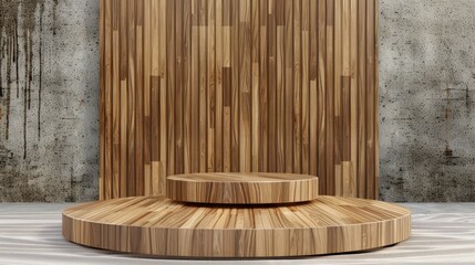 Wooden podium on fabric background for product display.