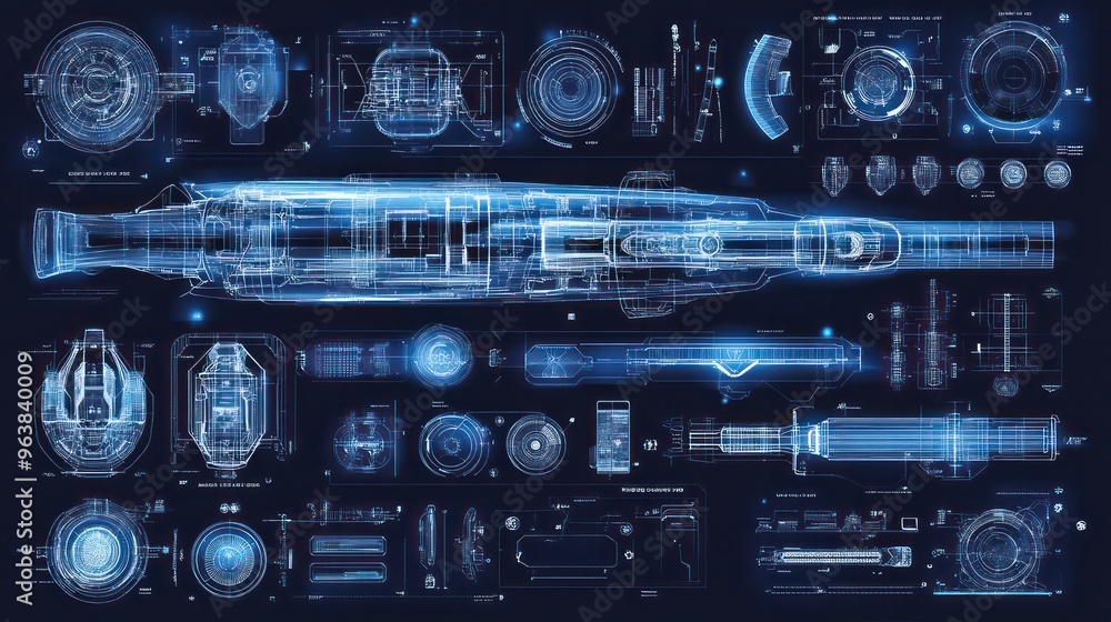 Poster a blue and white image of a futuristic weapon. scene is futuristic and technological, with a sense o