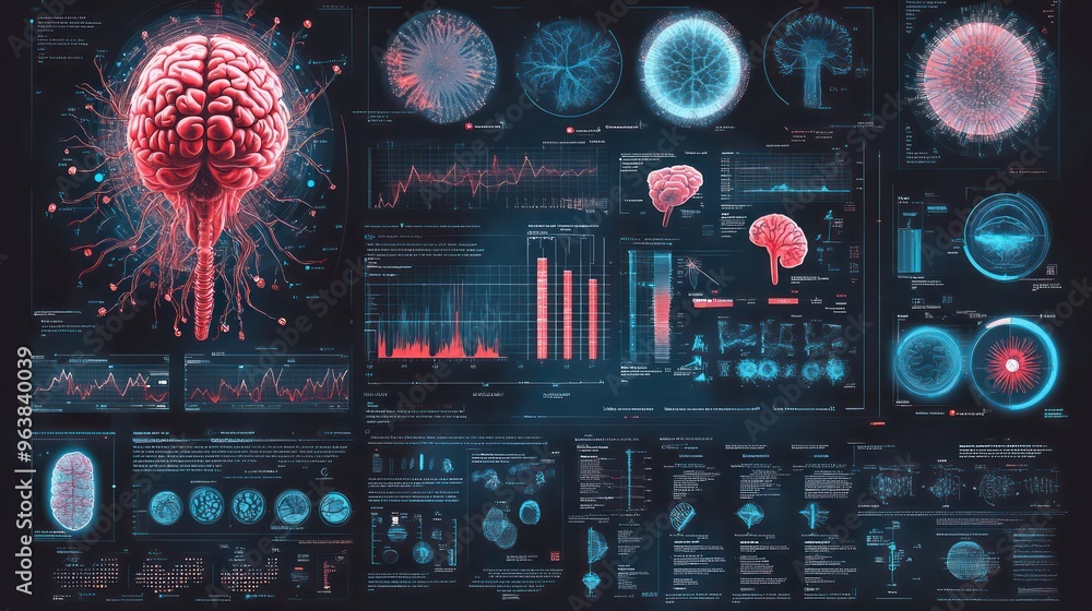 Aufkleber A computer screen displays a brain with red blood vessels and a red blob on the left side. The image is a representation of a brain and its various functions