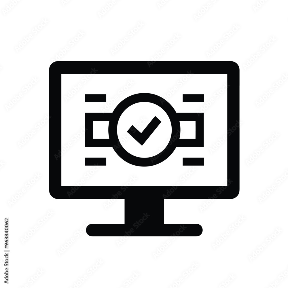 Poster black and white icon of a computer monitor with a checkmark in the center, representing online appro