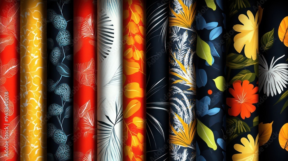 Aufkleber a collection of colorful fabric with various floral patterns. the colors are bright and vibrant, cre