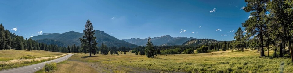Fototapeta premium Breathtaking landscapes featuring trees, meadows, clear skies, and expansive roads.