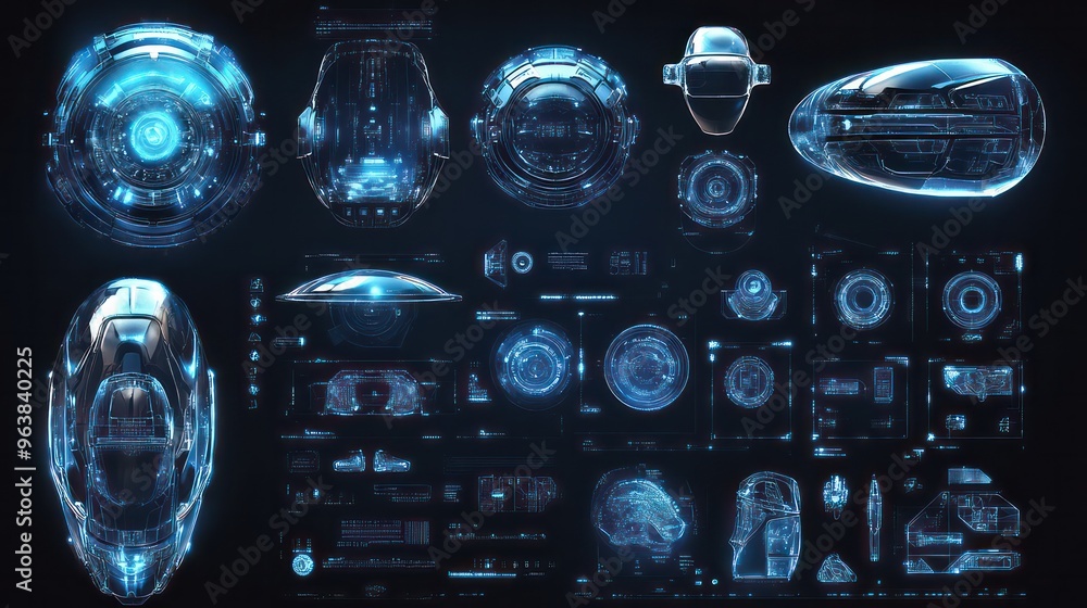 Aufkleber A collection of futuristic objects in blue and silver. The objects are all different shapes and sizes, but they all have a similar futuristic look. Scene is one of innovation and technology