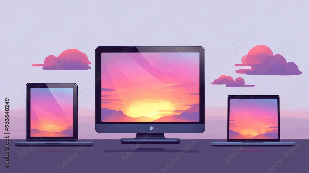 Aufkleber Three computer monitors are displayed on a table, each with a different image. The first monitor shows a sunset, the second a cloudy sky, and the third a mountain range