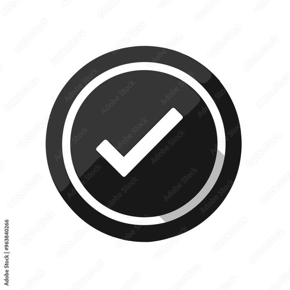Poster black circular icon with a white checkmark symbol inside against a plain background.