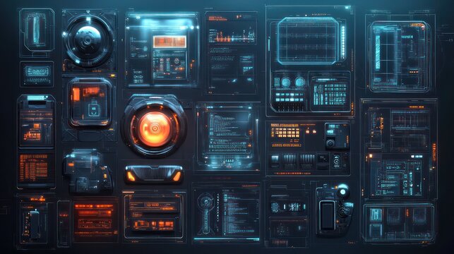 A wall of computer monitors with a red circle on one of them. The wall is full of different colored buttons and screens