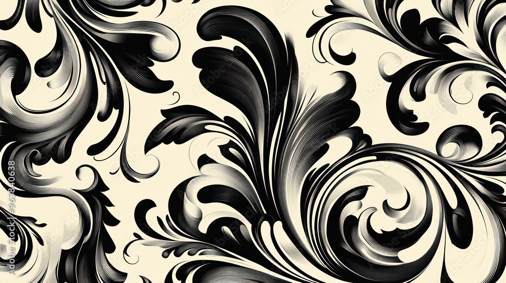 Aufkleber a black and white floral patterned background with a white border. the pattern is very detailed and 