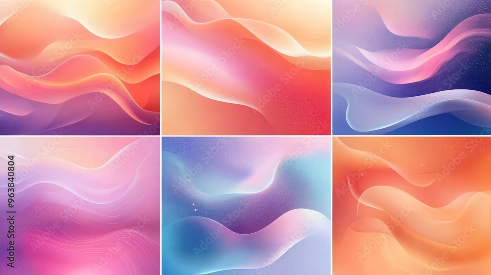 Leinwandbilder A set of six abstract paintings with a wave-like pattern in various colors. The paintings are all different, but they all have a similar theme of movement and fluidity. The colors used are bright