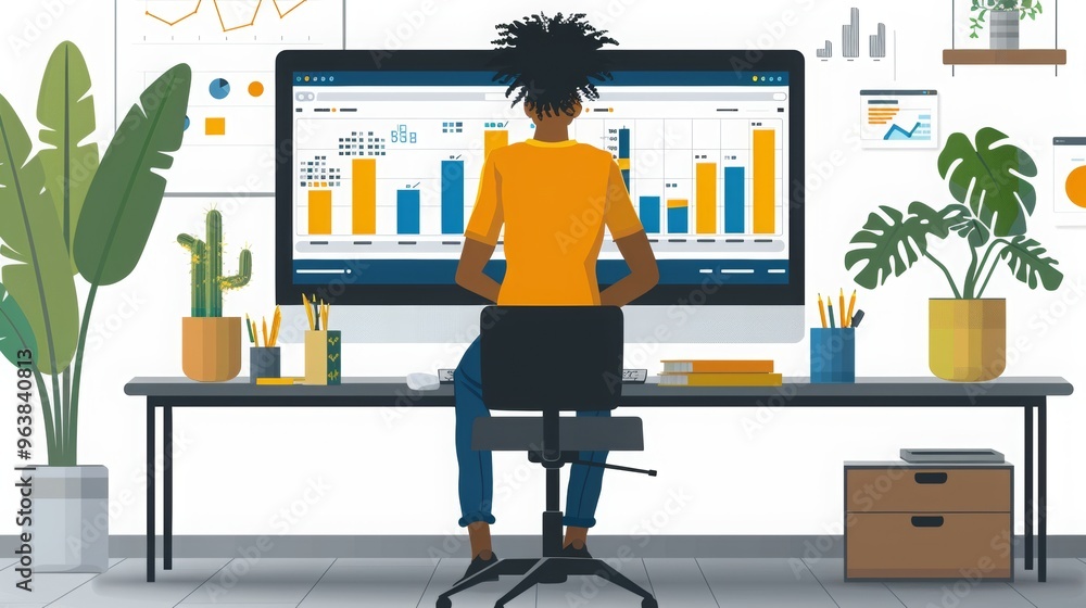 Poster an illustration of a business growth chart on a computer screen, with a professional analyzing data 
