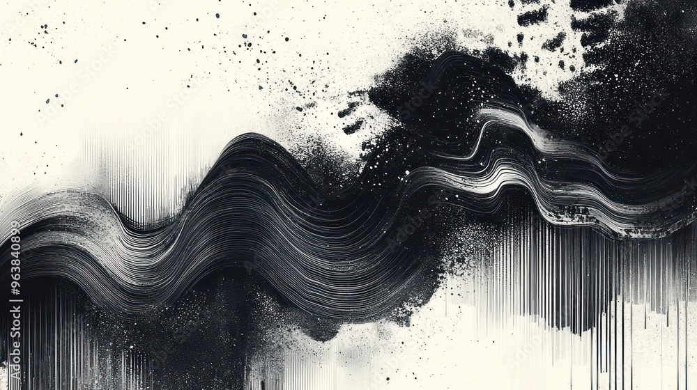 Poster A black and white image of a wave with a white background. The image has a mood of chaos and disorder, with the black and white colors creating a sense of tension and unease