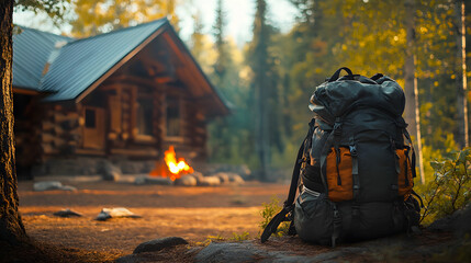 well-used backpack leaning against a wooden cabin, with a serene forest and a campfire in the background