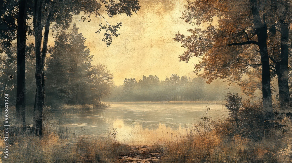 Poster a forest with a lake in the background. the trees are tall and the water is calm