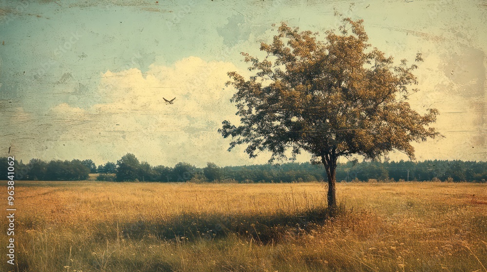 Poster A tree stands in a field with a bird flying in the sky. The scene is peaceful and serene, with the tree providing a sense of calm and tranquility