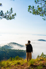 A person stands on a mountain, overlooking a sea of clouds above treetops under a clear blue sky at sunrise.