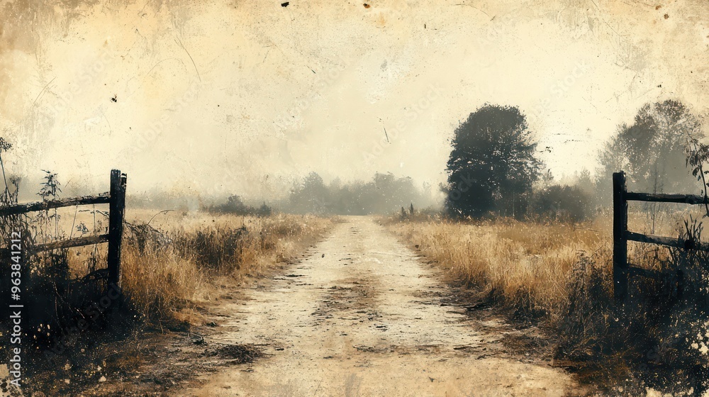 Aufkleber A road with a gate on either side. The gate on the left is open and the gate on the right is closed. The road is empty and the sky is cloudy