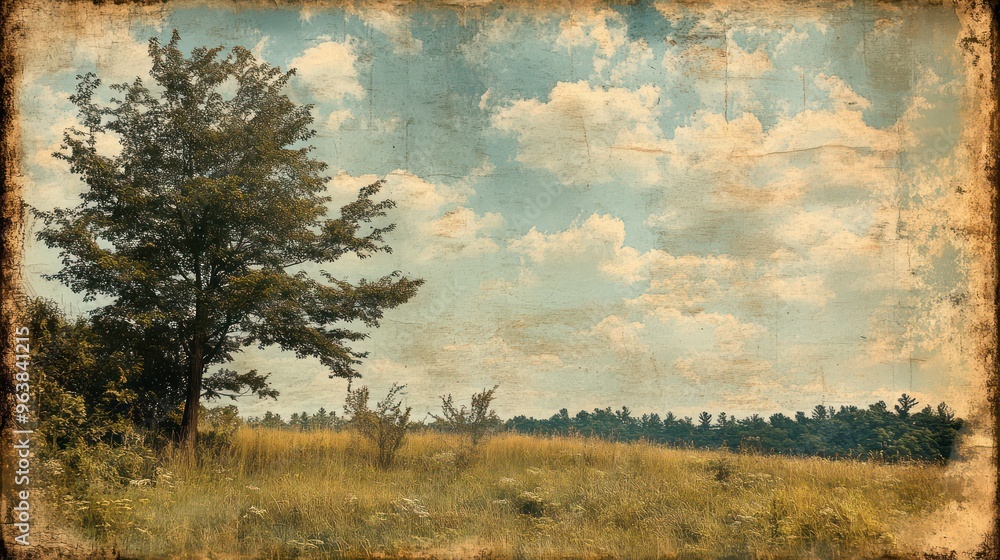 Poster A tree stands in a field with a cloudy sky in the background