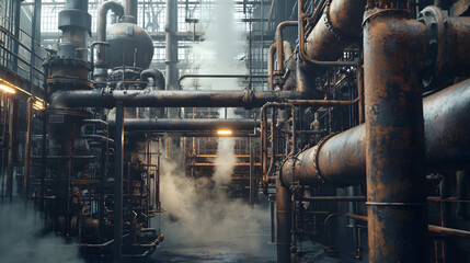  Network of rusted metal pipes in an abandoned industrial plant