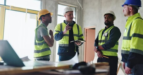 Teamwork, planning and engineering with people on construction site, meeting and building renovation. Collaboration, project management and architecture with contractor for design and leadership
