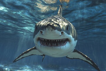 a great white shark. Great white sharks are one of the largest predatory fish in the world.