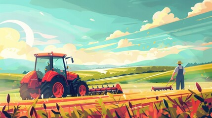 Obraz premium an illustration of a farmer in overalls, standing in a field, using a tractor to plow the land