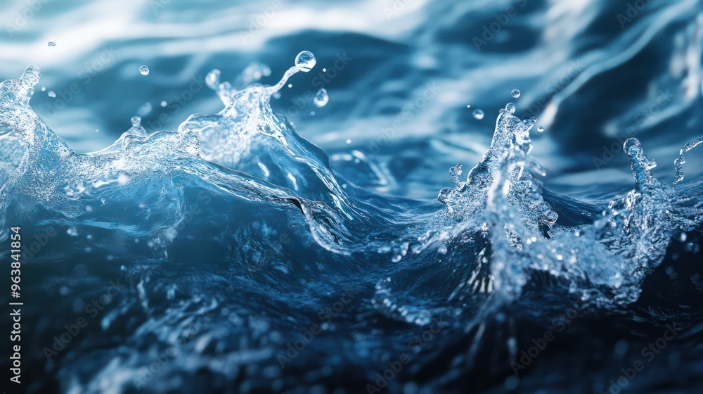 Poster A wave of water with a lot of splashing. The water is blue and the splashing is creating a sense of movement and energy