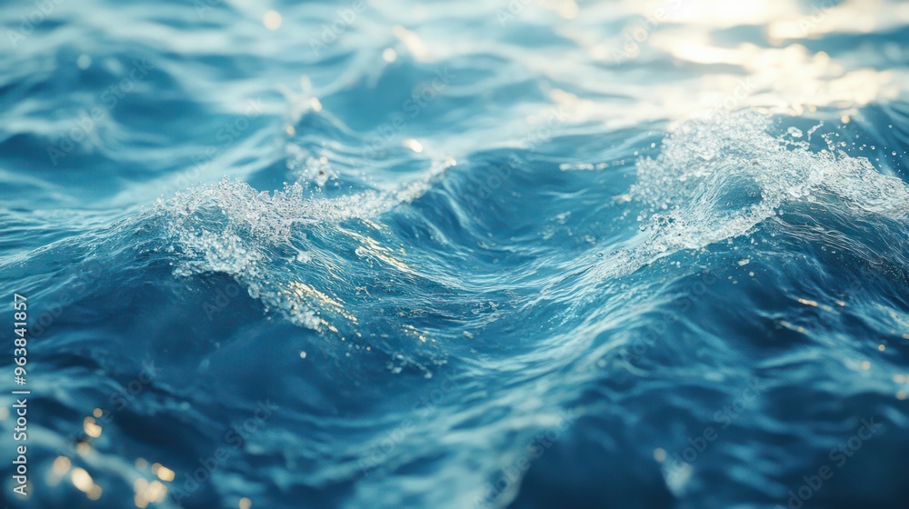 Poster a large body of water with waves crashing against the shore. the water is a deep blue color, and the
