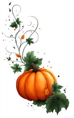 Obraz premium Pumpkin vine clipart, Halloween decor element, watercolor illustration, sharp outlines, pumpkin with green vines, isolated on white background