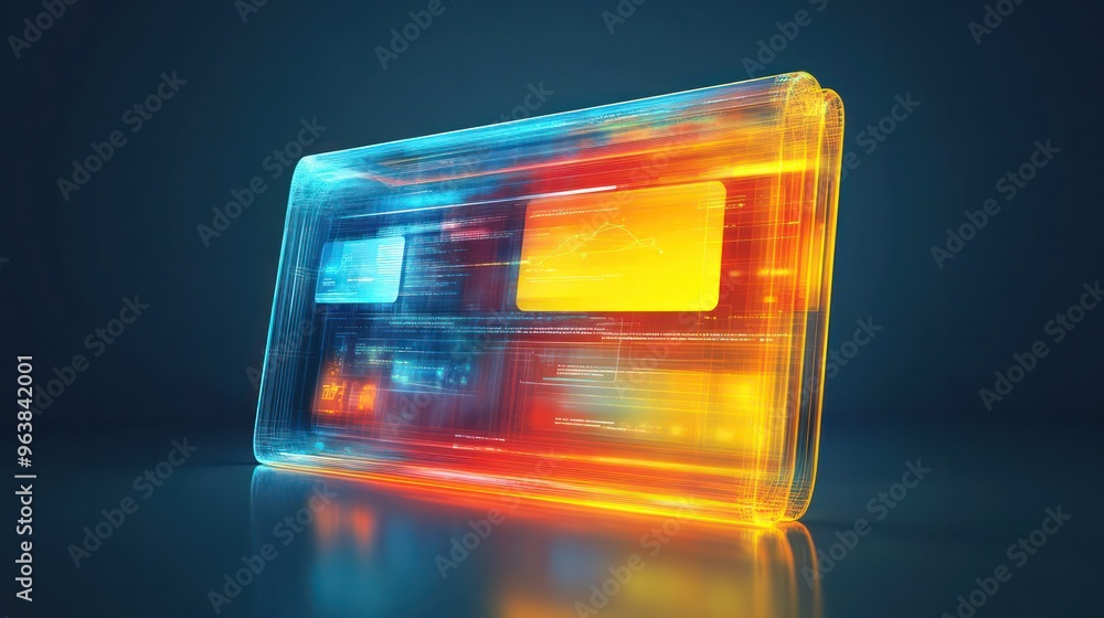 Poster A colorful, glowing object with a blue and yellow design. The object appears to be a piece of technology or a piece of art. The colors and design give off a sense of energy and excitement