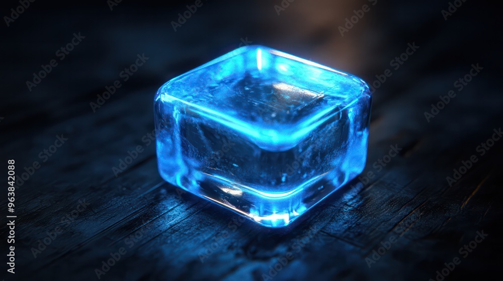 Poster A blue cube is sitting on a wooden surface. The cube is illuminated and he is glowing. The blue color of the cube contrasts with the dark background, creating a sense of depth and intrigue