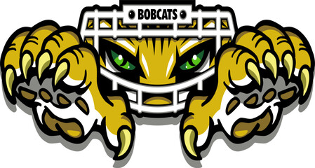 bobcats mascot face wearing football facemask and claws for school, college or league sports