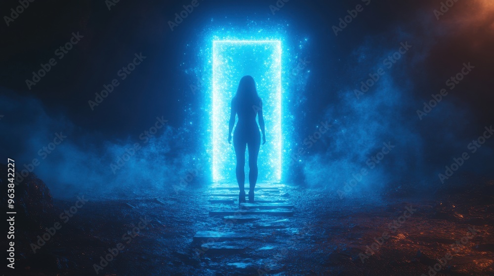 Aufkleber 3d animation double doors open in the dark room with steps bright blue light shines through the port