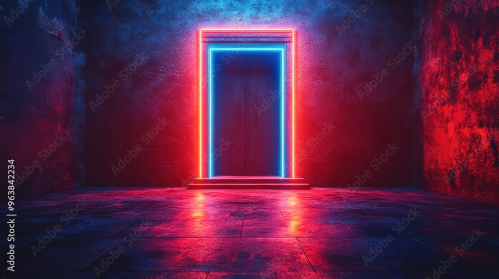 Poster 3d animation double doors open in the dark room with steps bright blue light shines through the port