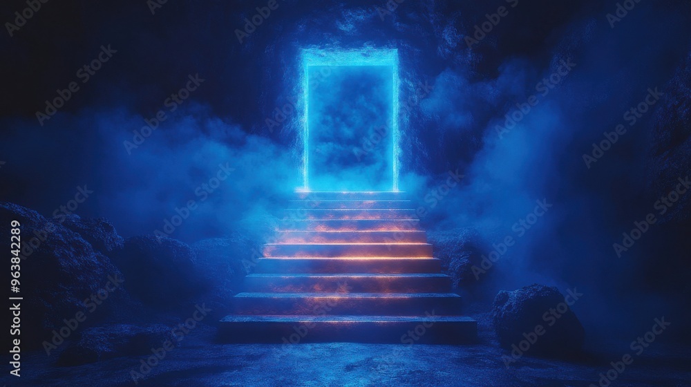 Aufkleber 3d animation double doors open in the dark room with steps bright blue light shines through the port