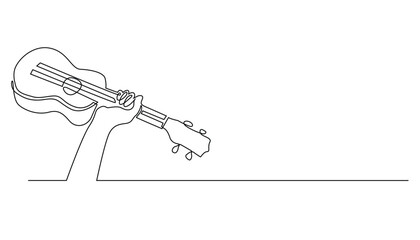 continuous line of ukulele.drawing of one line of hand holding ukulele.single line of ukulele for holiday background.