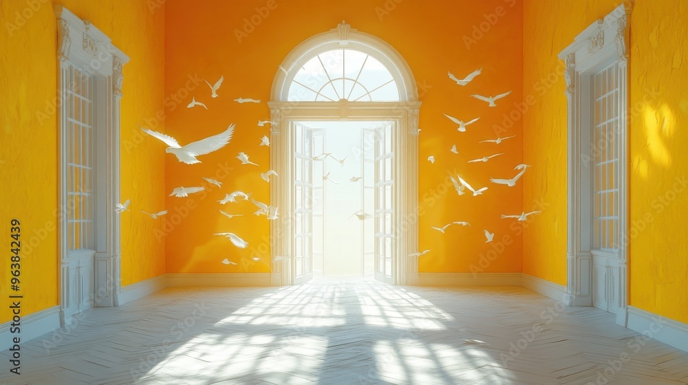 Poster 3d animation of white clou3d flies through the open re3d door inside the empty yellow room surreal d