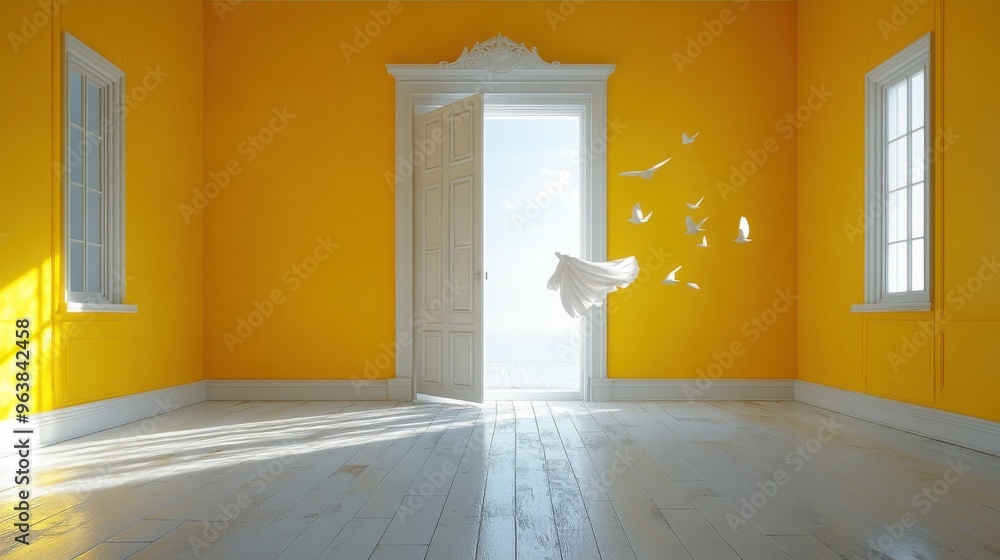 Poster 3d animation of white clou3d flies through the open re3d door inside the empty yellow room surreal d