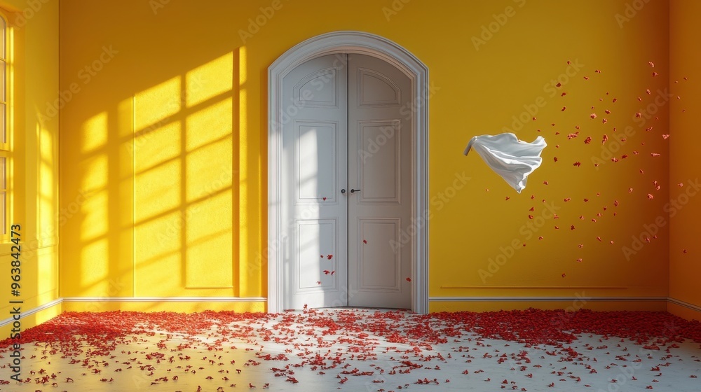 Aufkleber 3d animation of white clou3d flies through the open re3d door inside the empty yellow room surreal d