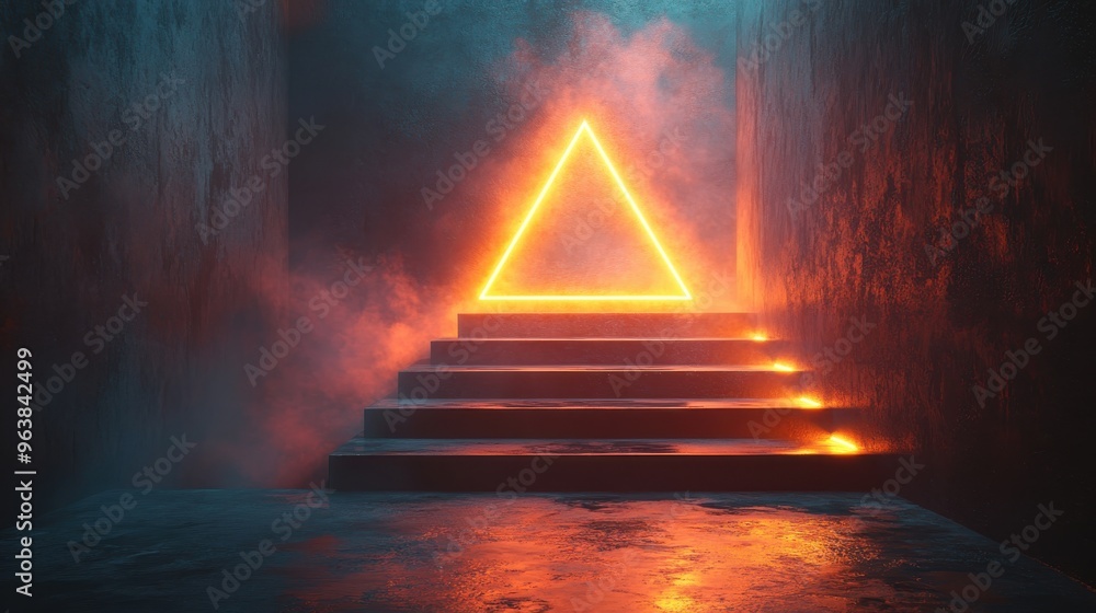 Poster 3d animation triangle of light appears in the dark room with steps blank showcase platform for produ