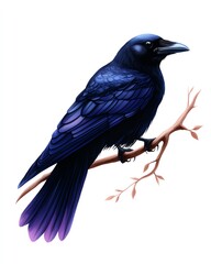 Fototapeta premium Halloween raven clipart, spooky bird element, watercolor illustration, crisp details, black raven perched on branch, isolated on white background